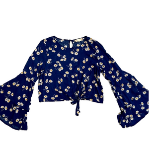 Altar’d State navy blue & daisies tie front, bell sleeve blouse Twee Size M NWT